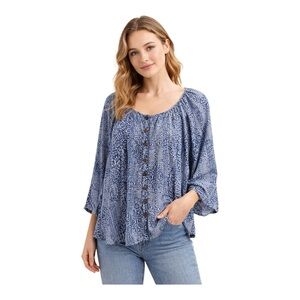 Mia Melon Blue Boho Peasant Blouse Sz S Button Front Flowy Rayon Top Cottagecore